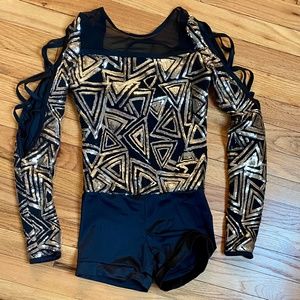 Long sleeve Black Biketard Leotard Gold Sequins Weissman Small Adult Jazz, Dance